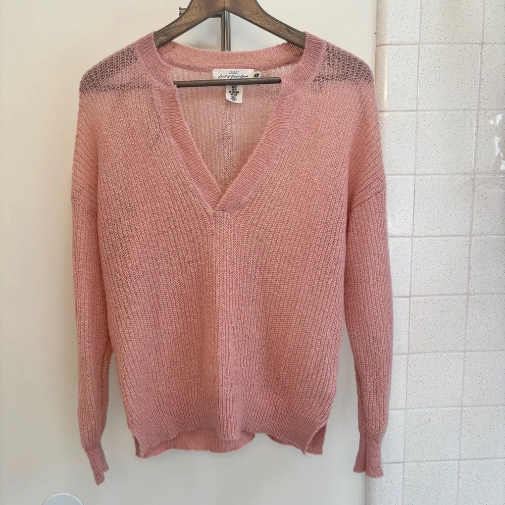 Y2K Cottagecore Pink Sweater Size XS Open Knit Long V Neck Oversized Semi Sheer